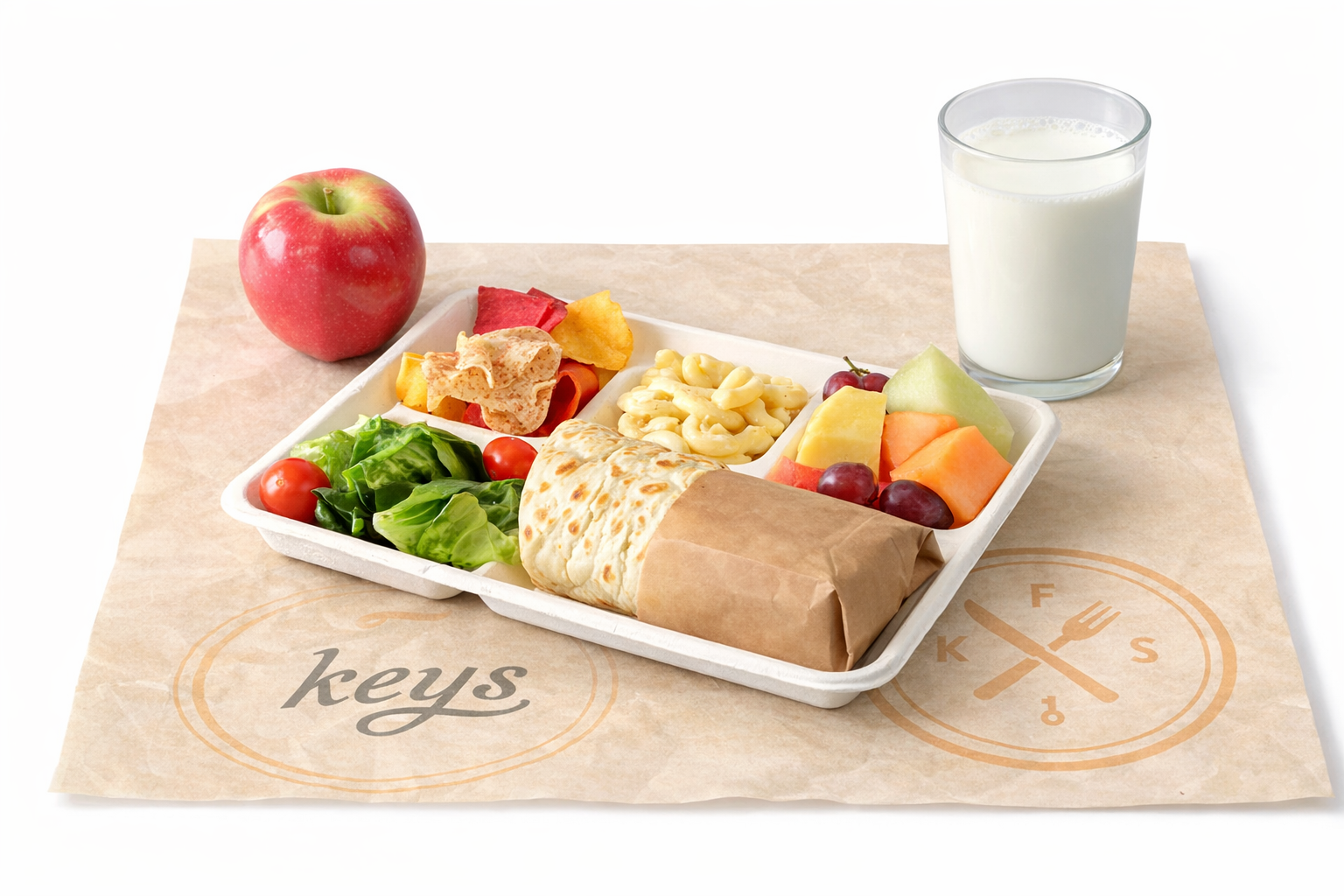 Classic KEYS school lunch tray — apple, wrap, mac and cheese, fresh fruit, and a glass of milk on KEYS branded paper