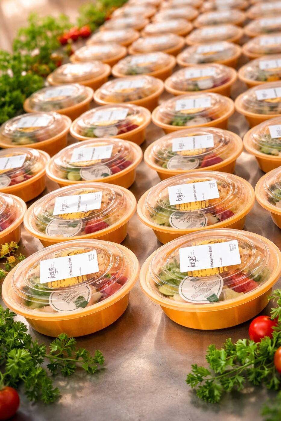 Rows of KEYS-branded Chicken Chef Salad cups garnished with parsley, lined up at the commissary