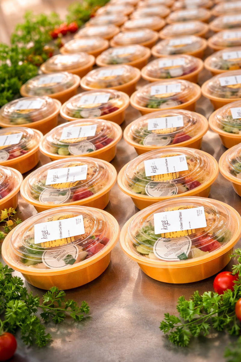 Rows of KEYS Food Service branded Chicken Chef Salad containers, individually labeled and ready for delivery