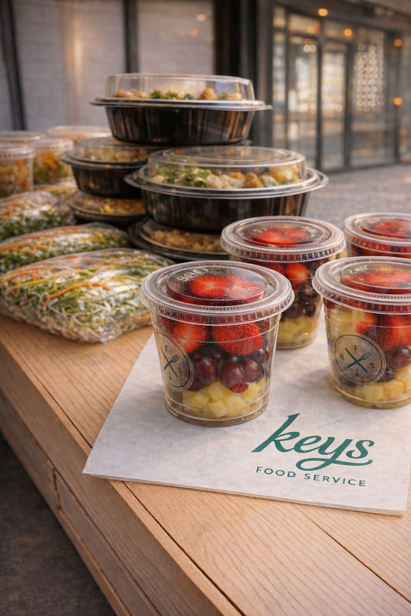 KEYS-branded whole fruit cups, salads, and bento containers lined up on a KEYS Food Service napkin for grab-and-go summer service