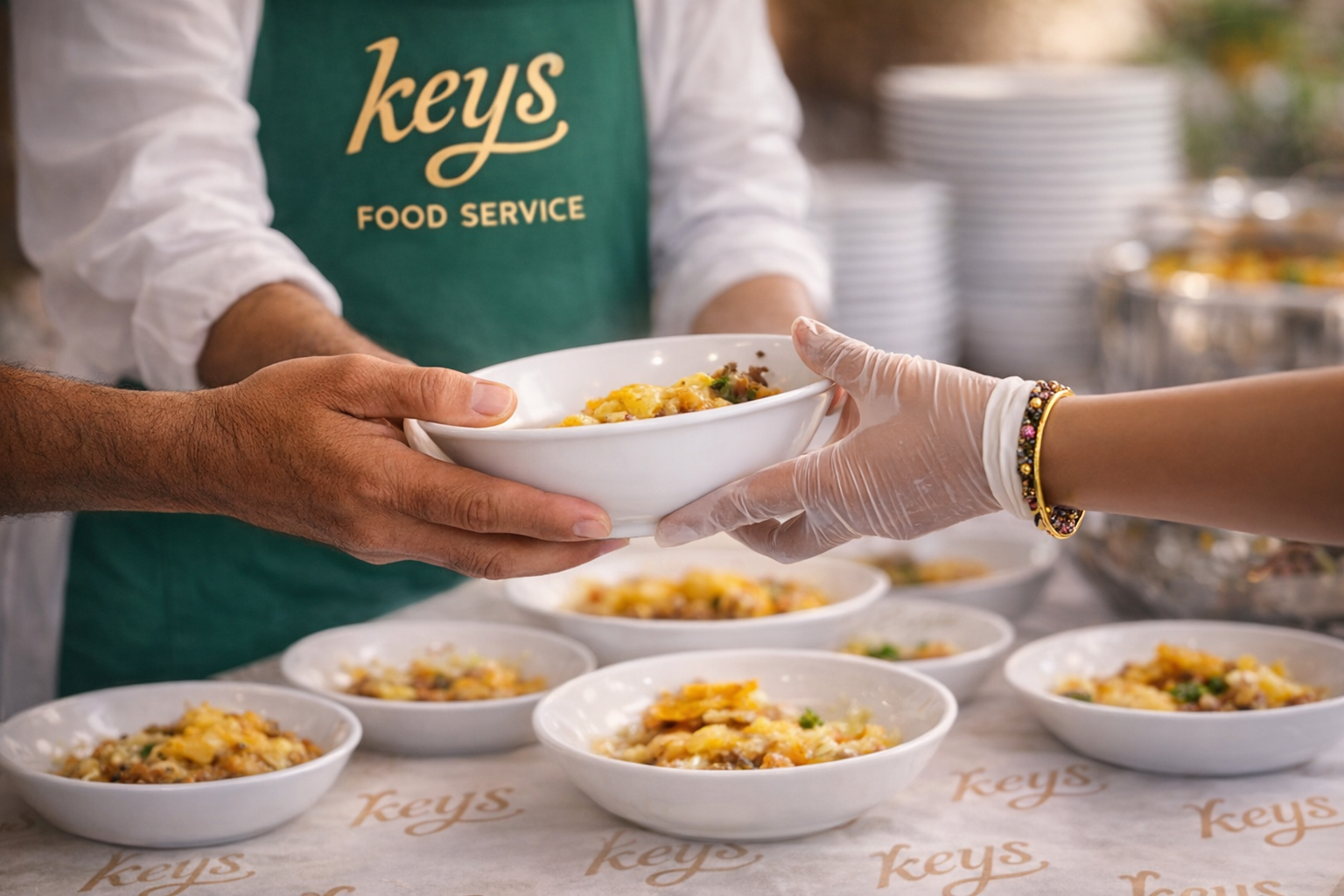 A KEYS team member in a branded apron hand-serves a fresh bowl across the lunch line, rows of plated meals waiting