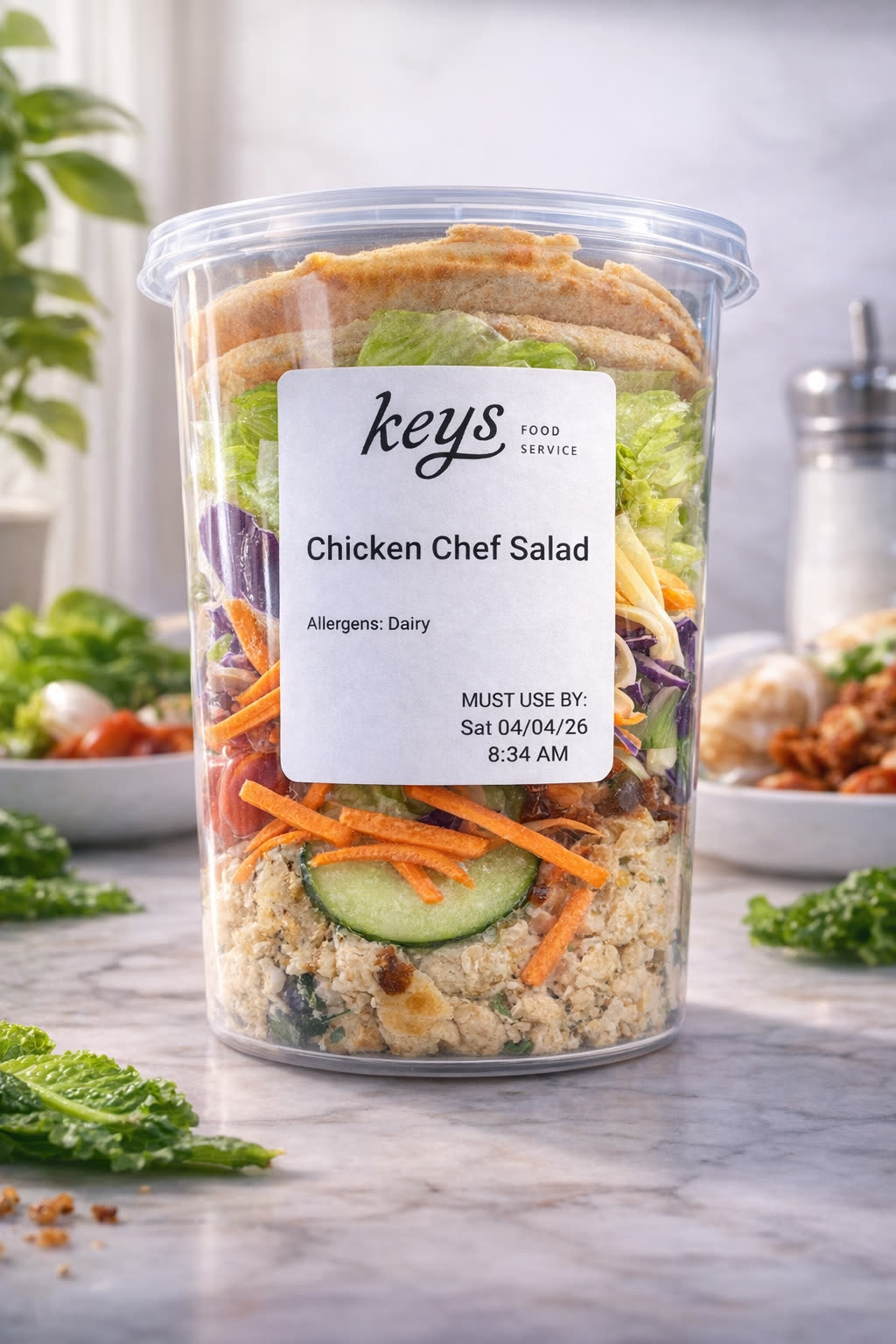 A KEYS-branded Chicken Chef Salad jar