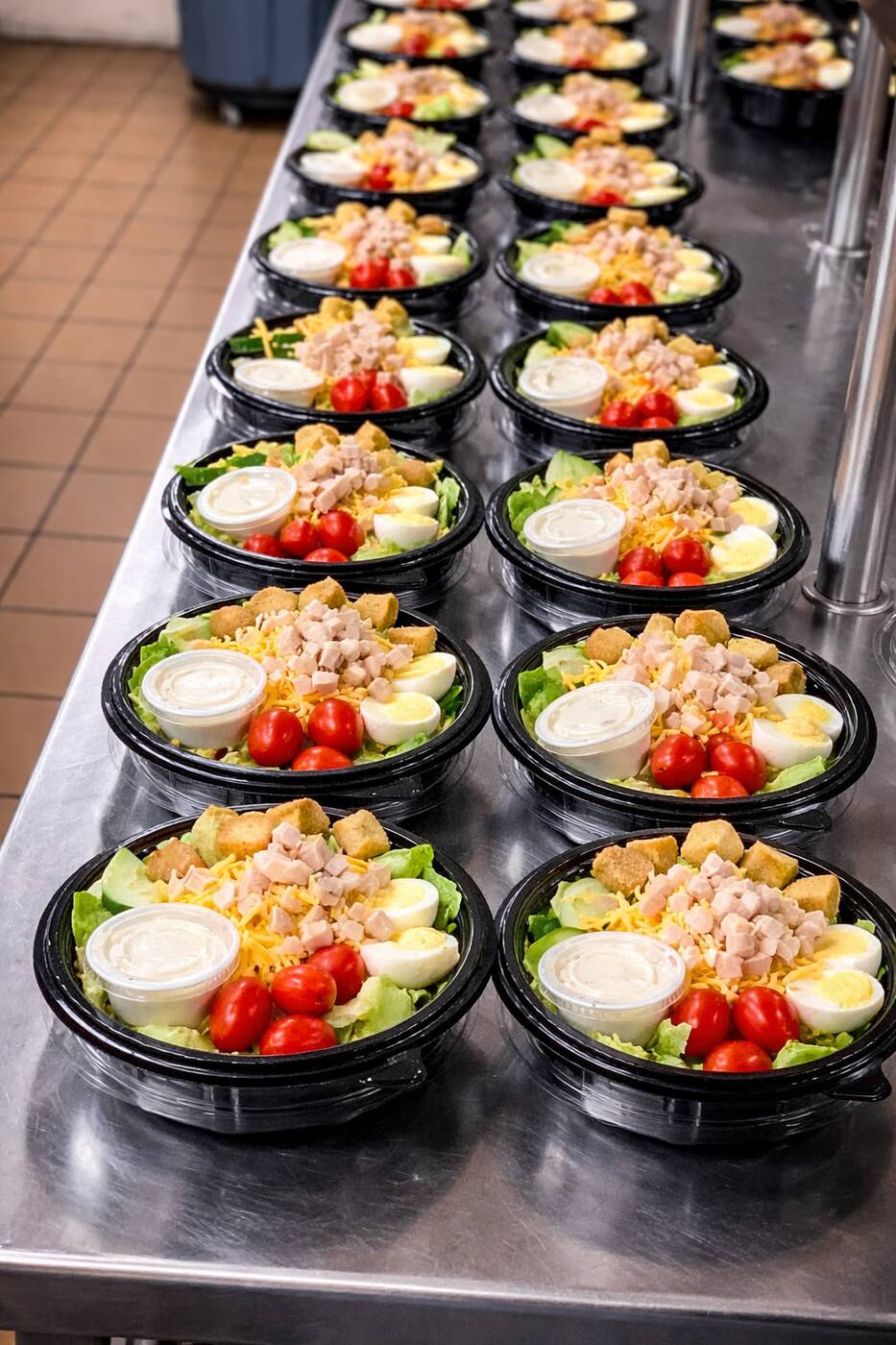 A staging line of Cobb-style salad bowls with diced turkey, hard-boiled egg, croutons, cherry tomatoes, shredded cheese, and a dressing cup, ready to leave the commissary kitchen
