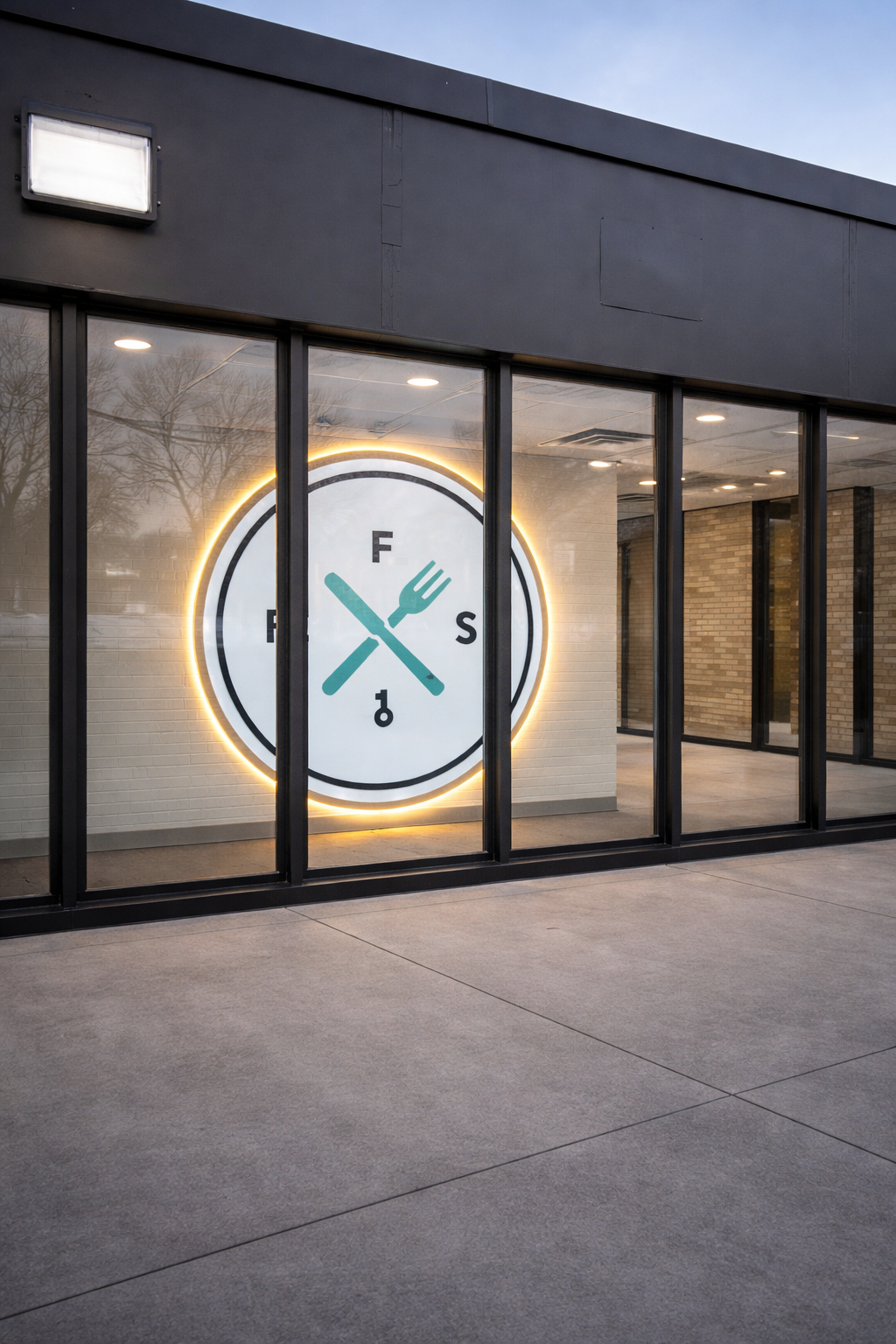 The KEYS Food Service commissary kitchen — illuminated KFS emblem visible through the front windows of the Metro Detroit facility