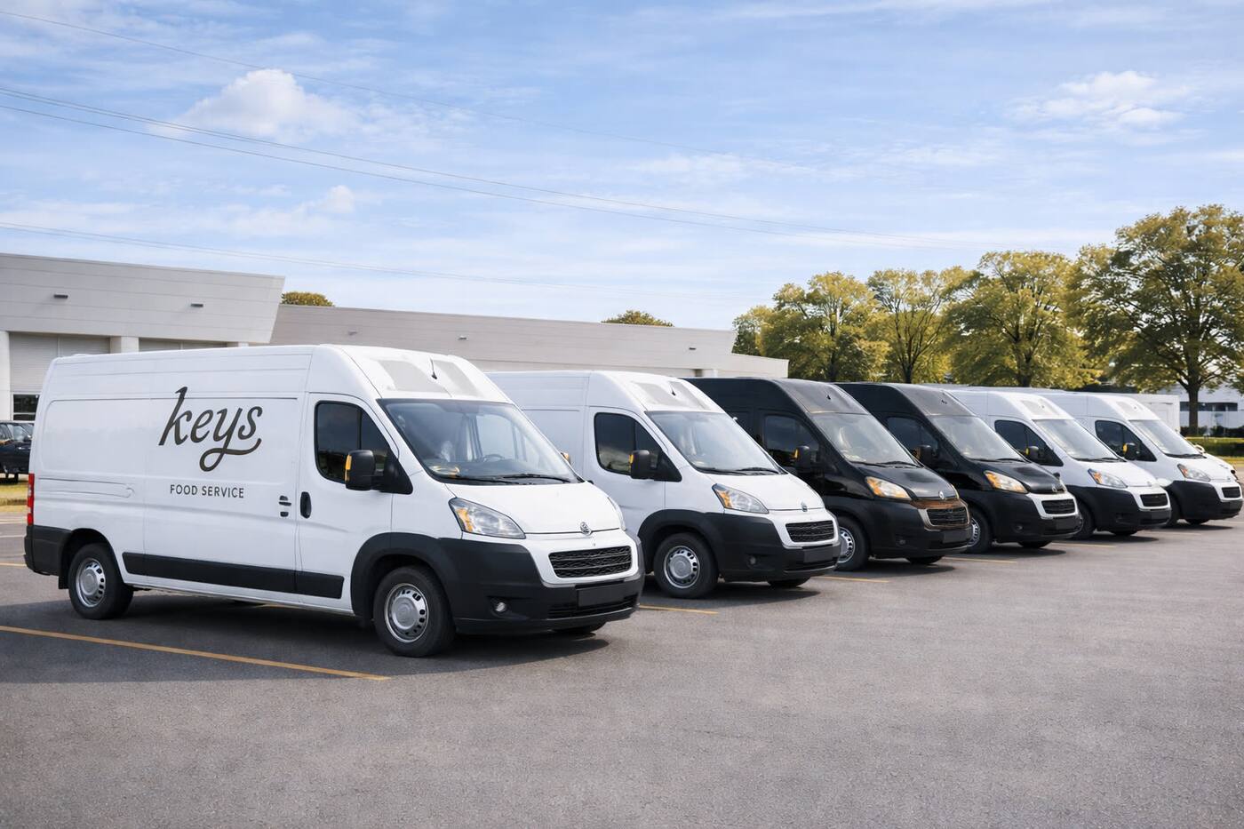 A lined-up fleet of KEYS Food Service branded white and dark delivery vans staged at the commissary, ready for the morning refrigerated route