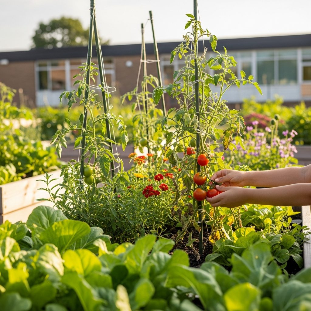 A close-up of young hands picking ripe red tomatoes from raised garden beds at a partner school garden, with leafy greens, herbs, and the school building softly out of focus behind