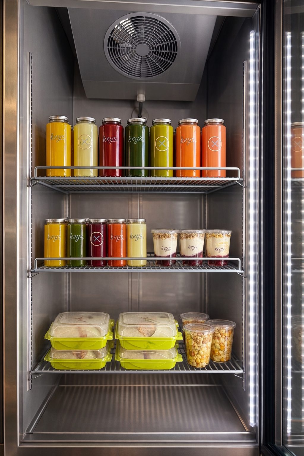 KEYS-branded grab-and-go fridge stocked with house-pressed juices, yogurt parfaits, and pre-built fresh meals