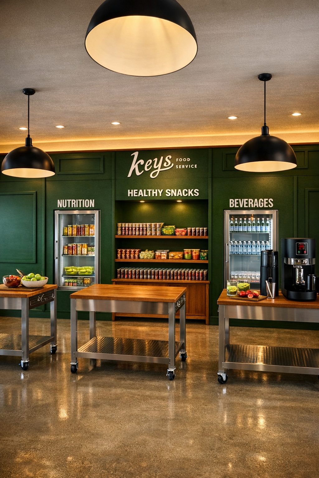 KEYS-branded healthy snacks pantry — Nutrition, Healthy Snacks and Beverages stations under the KEYS Food Service wall logo