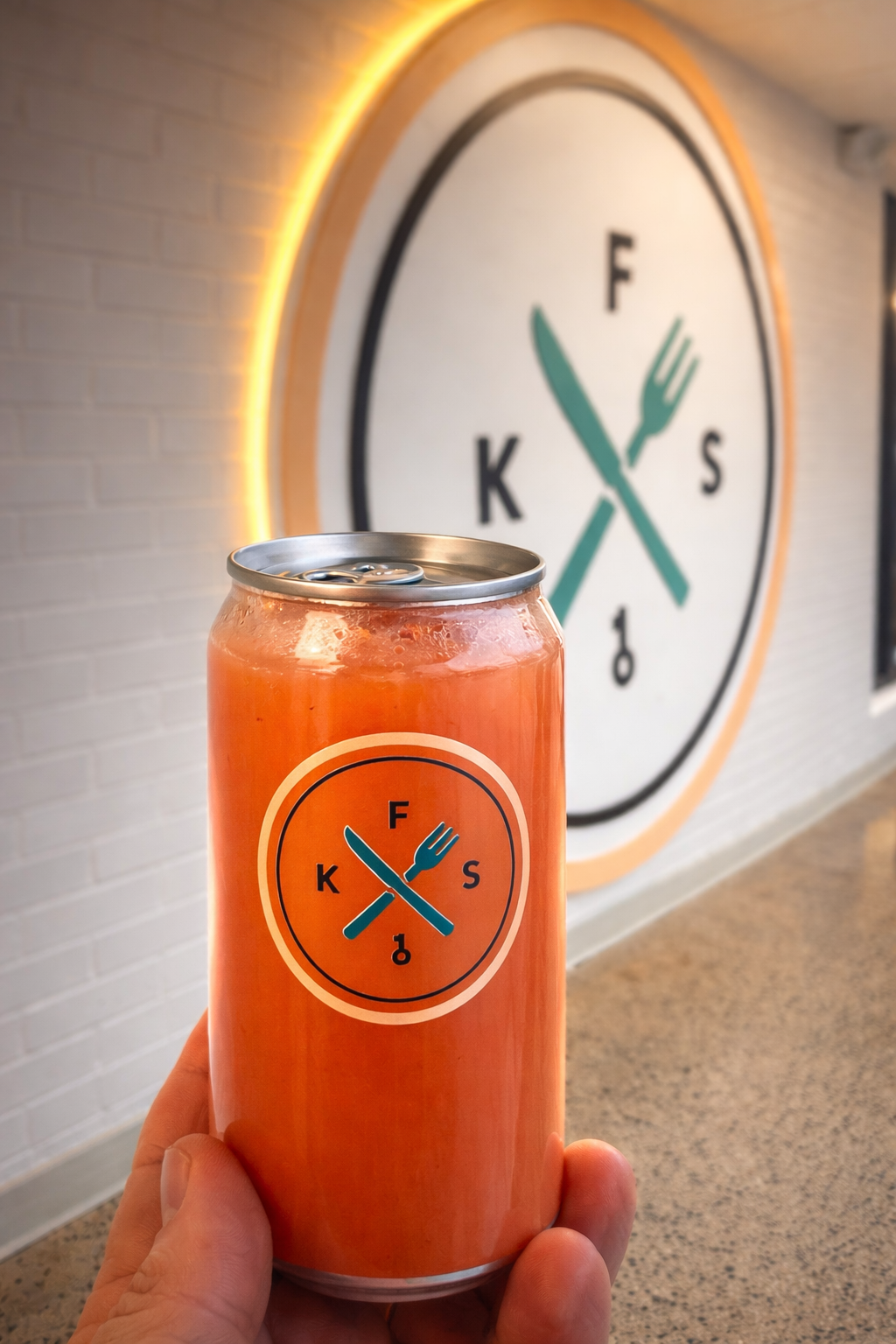 A house-branded KEYS Food Service fresh-pressed juice can held in front of the KFS wall emblem