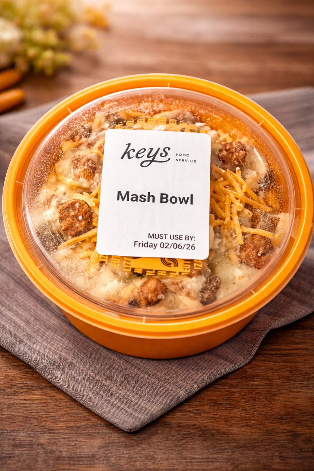 KEYS Mash Bowl — slow-roasted protein over creamy mashed potatoes, date-coded for use