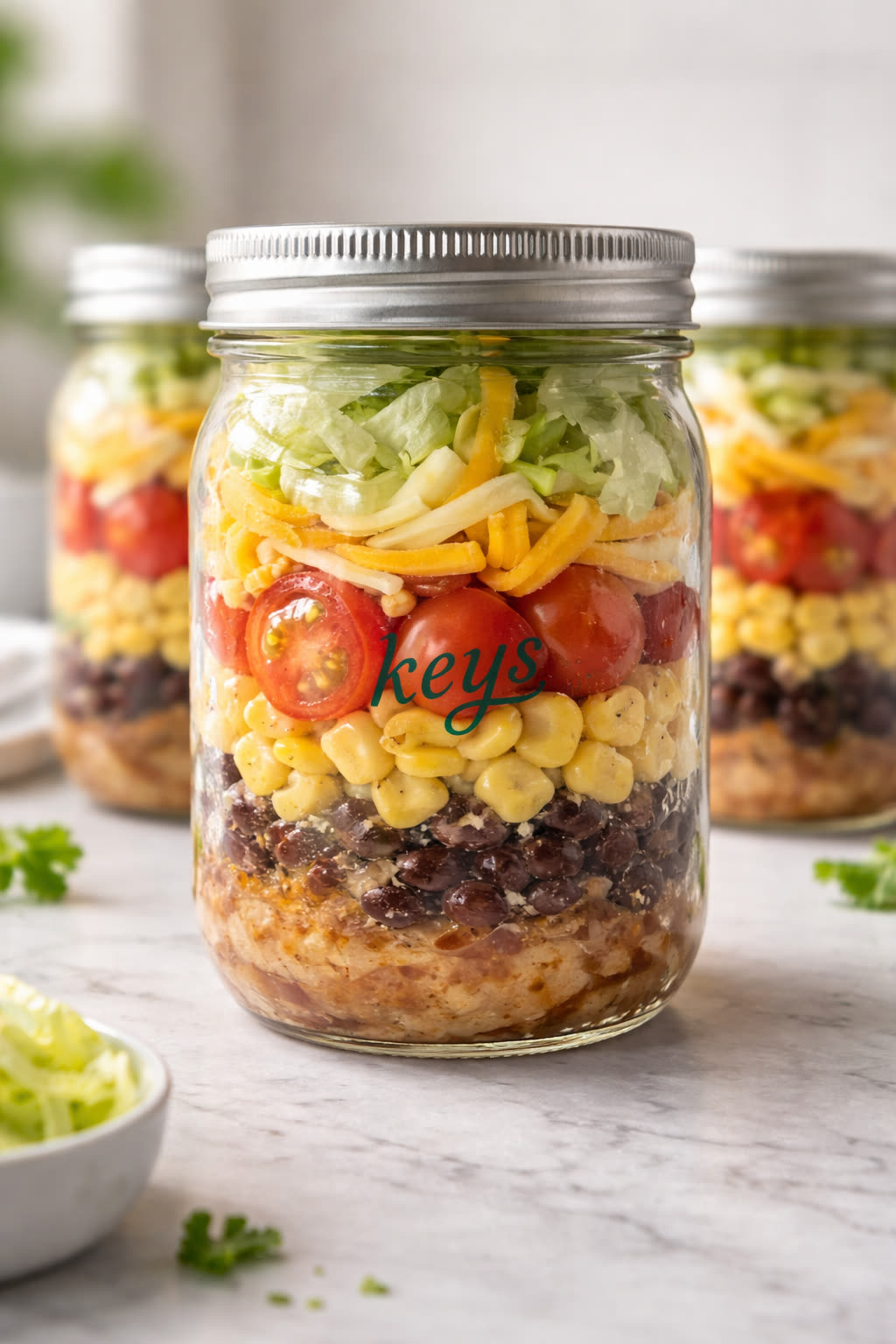 A KEYS-branded mason jar layered with seasoned rice and beans, sweet corn, black beans, cherry tomatoes, shredded cheese, and lettuce — finished with the KEYS script logo on the glass