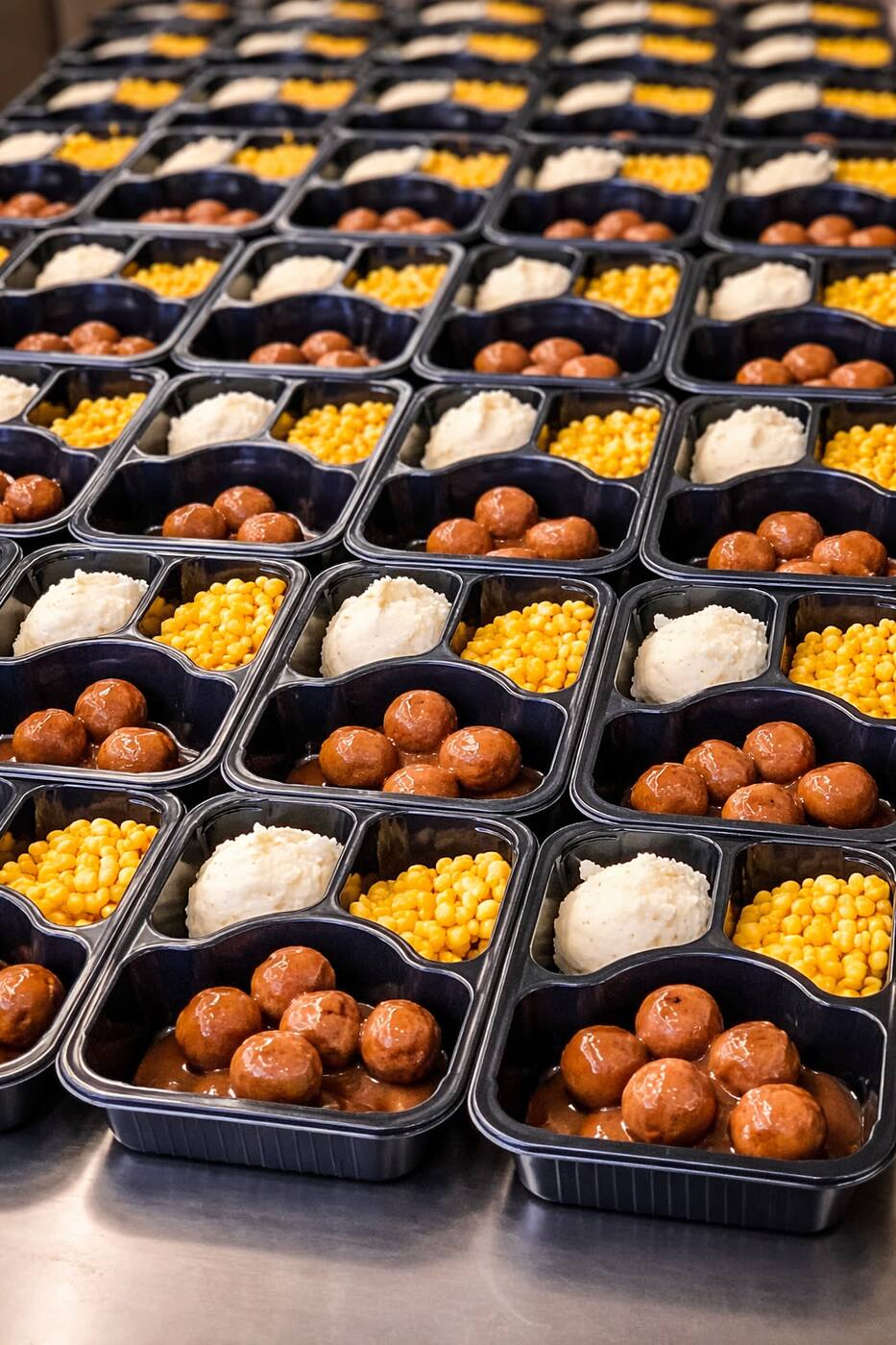 Compartment meal trays filled with meatballs in gravy, mashed potatoes, and sweet corn — comfort food at production scale