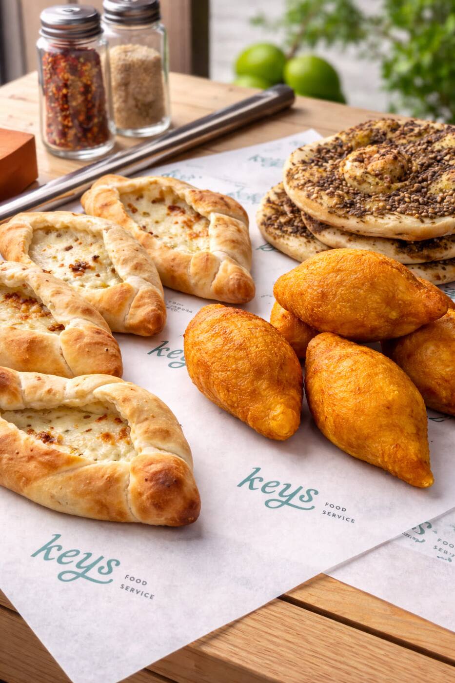 KEYS Mediterranean spread on parchment — house-baked cheese fatayer, kibbeh and za'atar man'oushe