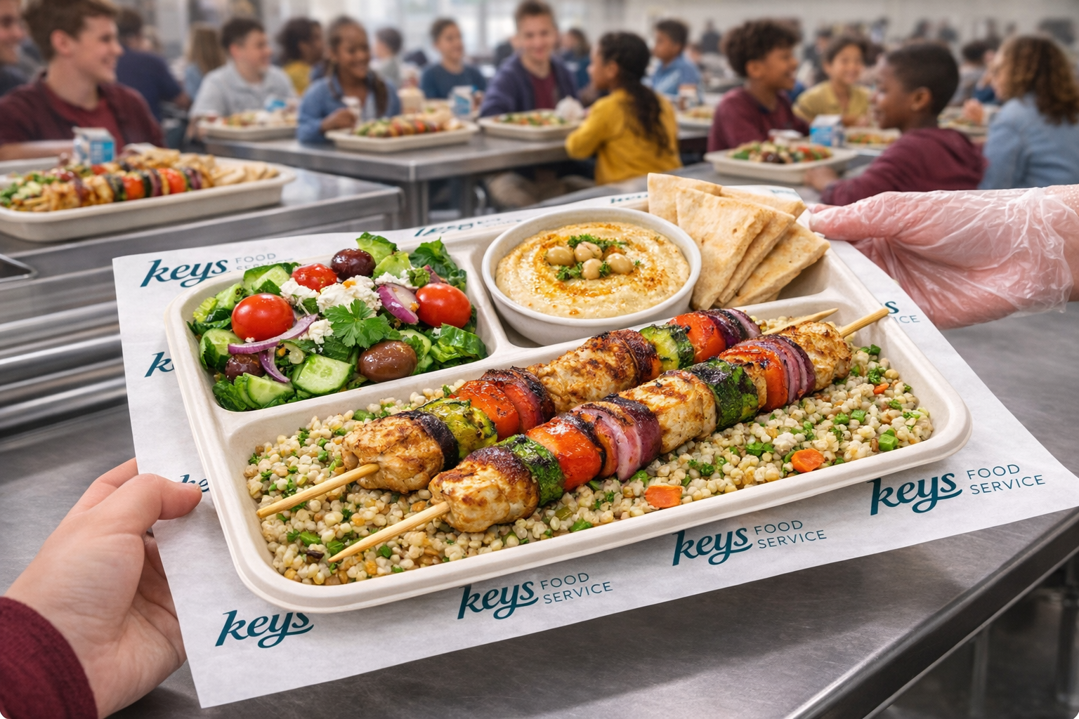 A real KEYS Food Service Mediterranean tray — chicken kebabs over herbed couscous with fresh Greek salad, hummus, and warm pita on KEYS branded paper, hand-served by a glove-wearing staff member