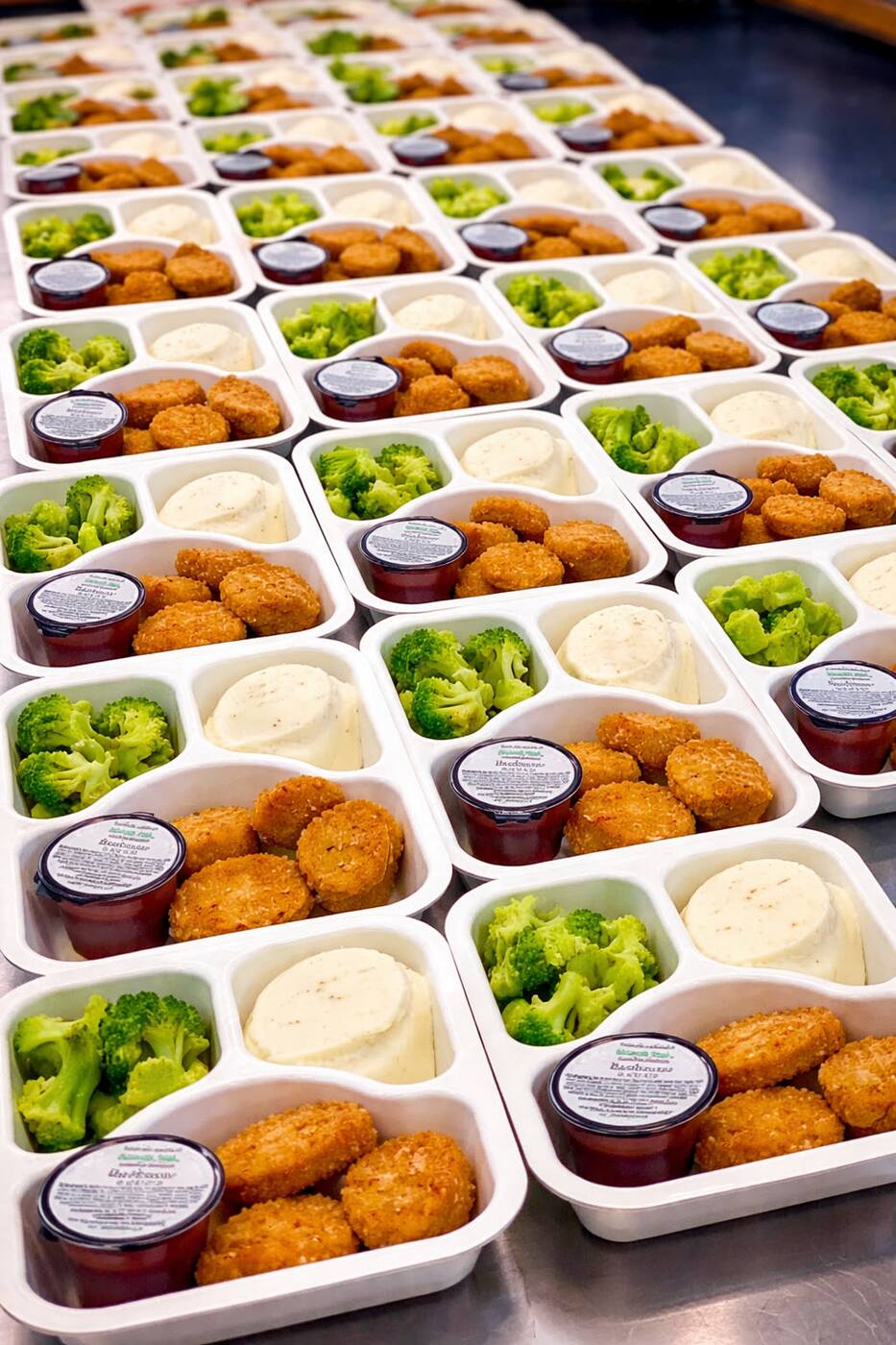A grid of chicken-nugget meals with steamed broccoli, mashed potatoes, and BBQ sauce — USDA-compliant kid-friendly NSLP entrée