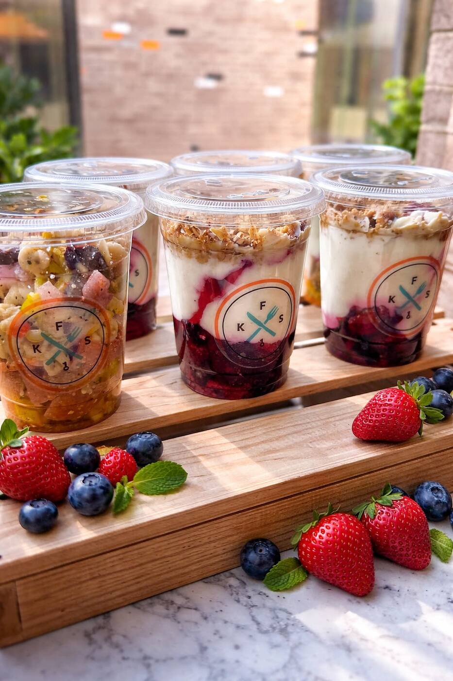 A wood flight tray of KEYS-branded grab-and-go cups — berry-yogurt parfaits alongside chilled pasta salad cups