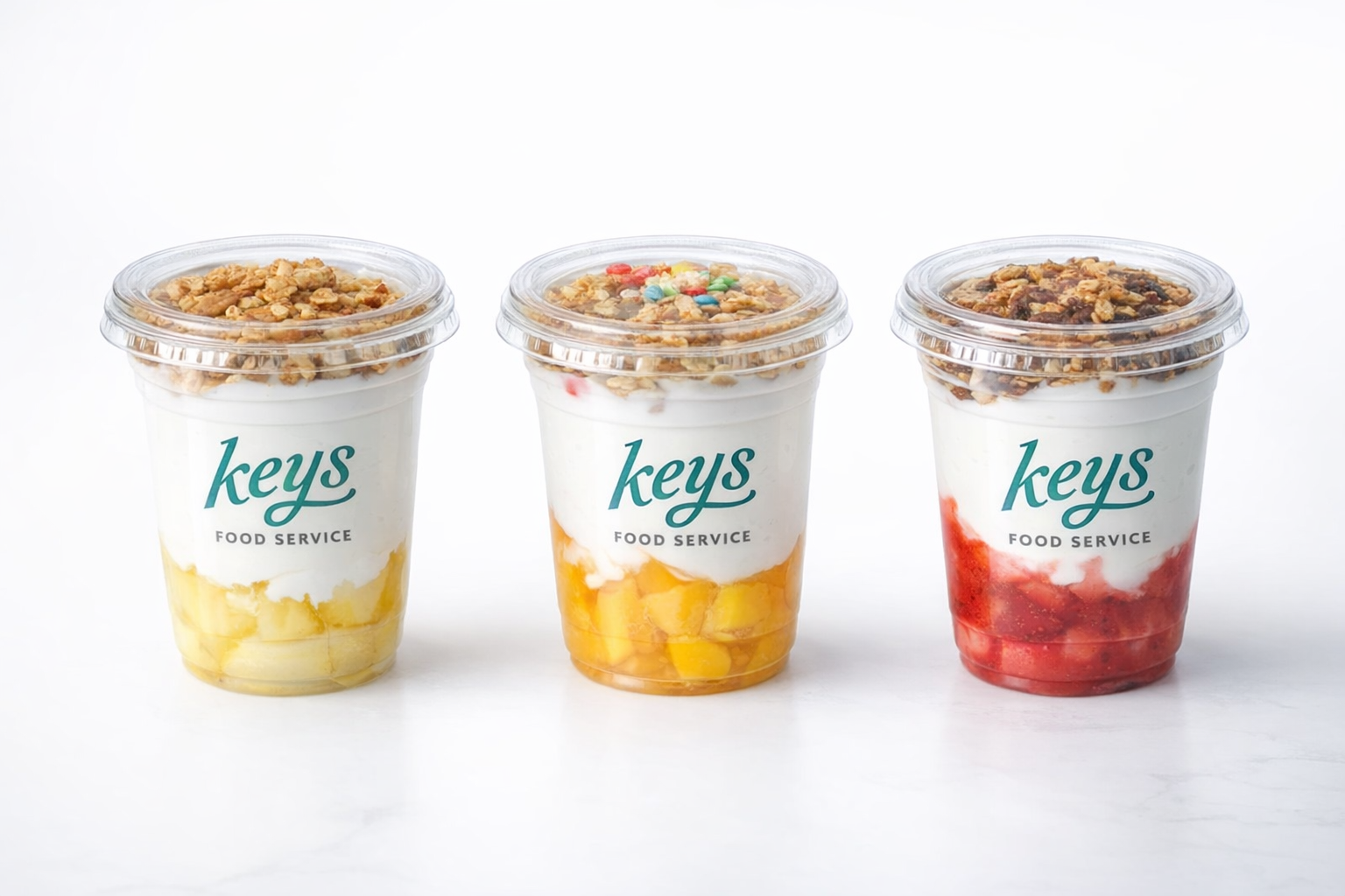Three KEYS branded yogurt parfait cups in pineapple, mango and strawberry