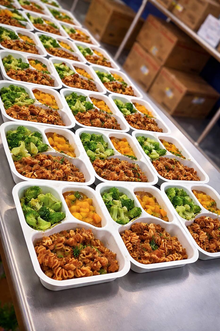 Long rows of compartment trays filled with hot pasta marinara, broccoli, and diced peaches — staged at the commissary for a sponsored hot-meal route to Metro Detroit families