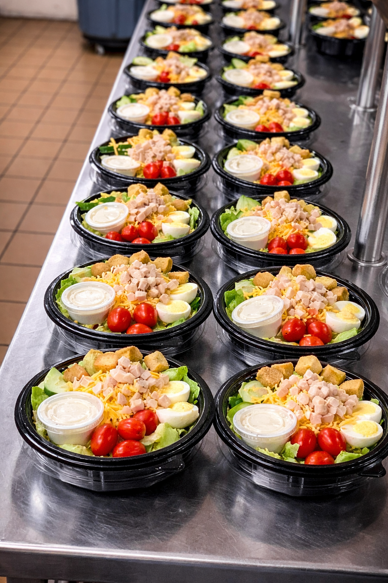 Rows of Chef Salads on a KEYS commissary line — grape tomatoes, cheddar, croutons, hard-boiled egg, and diced chicken on crisp lettuce, each with a sealed dressing cup