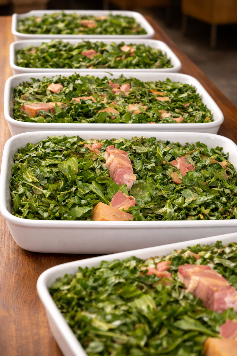 A row of white serving trays full of slow-cooked collard greens with smoked turkey, ready for the serving line