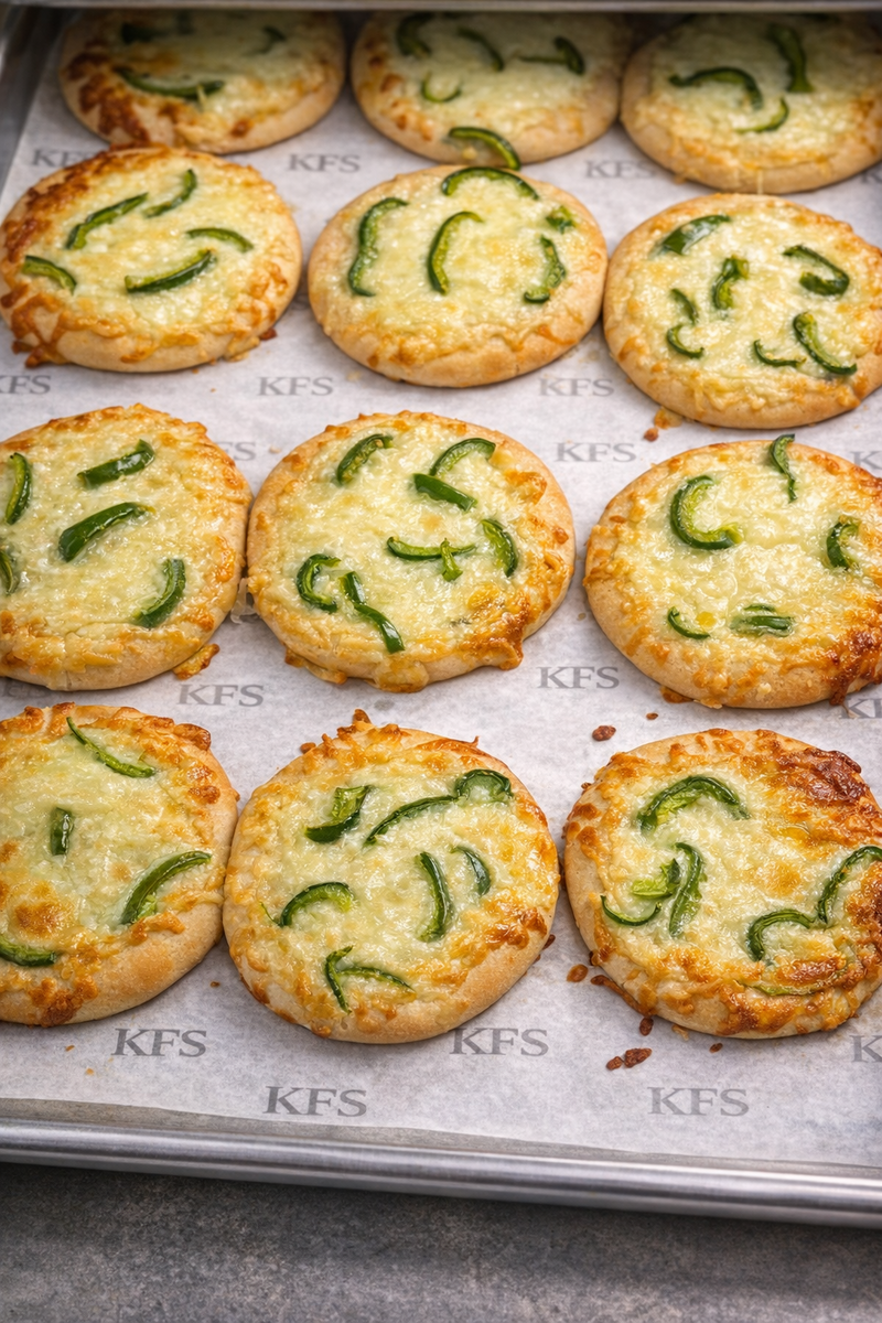 A sheet pan of house-baked KEYS jalapeño cheese pizza bites on KFS-branded parchment, hot from the commissary oven