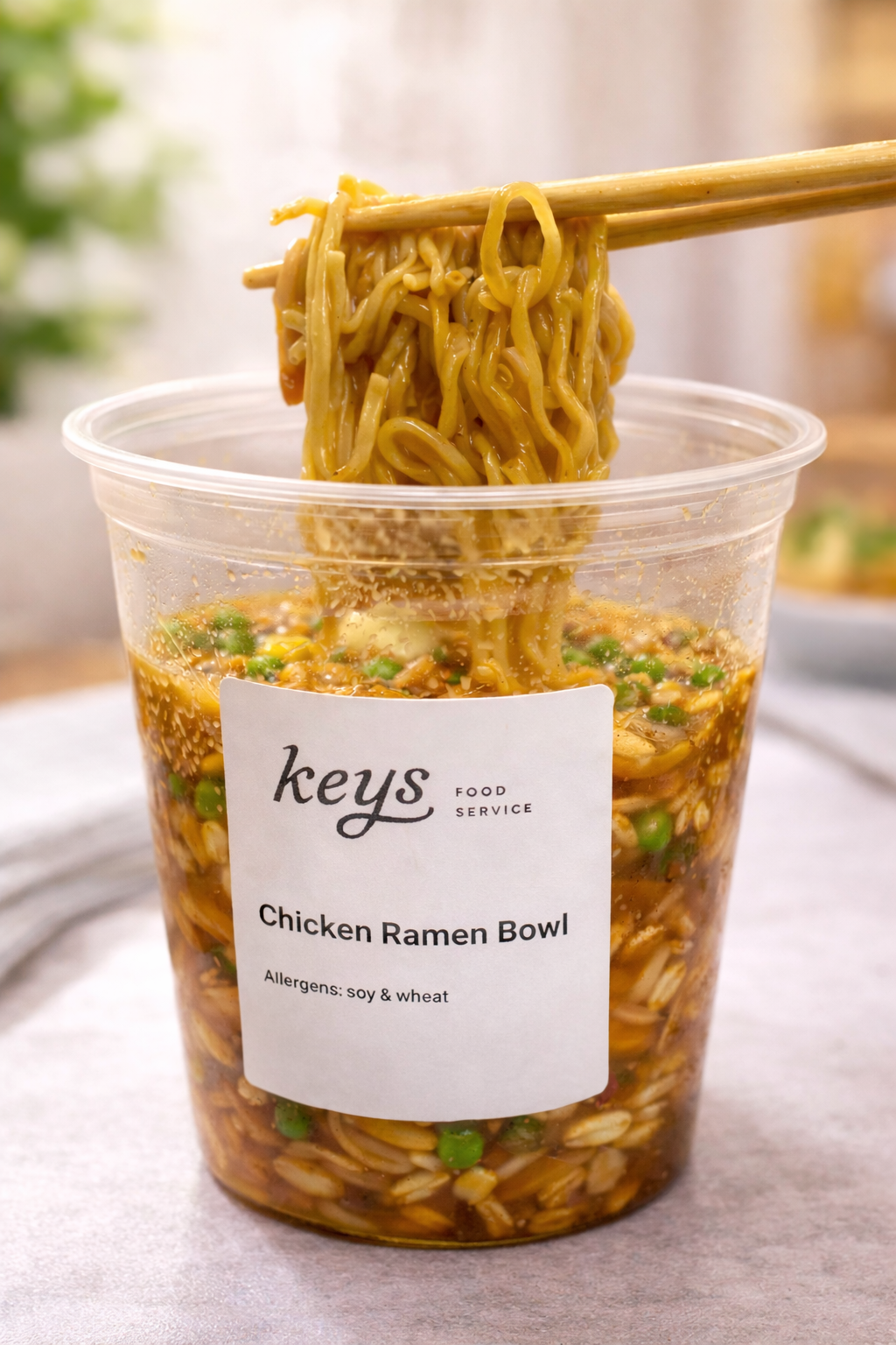 KEYS Chicken Ramen Bowl with chopsticks lifting fresh noodles, allergens clearly labeled