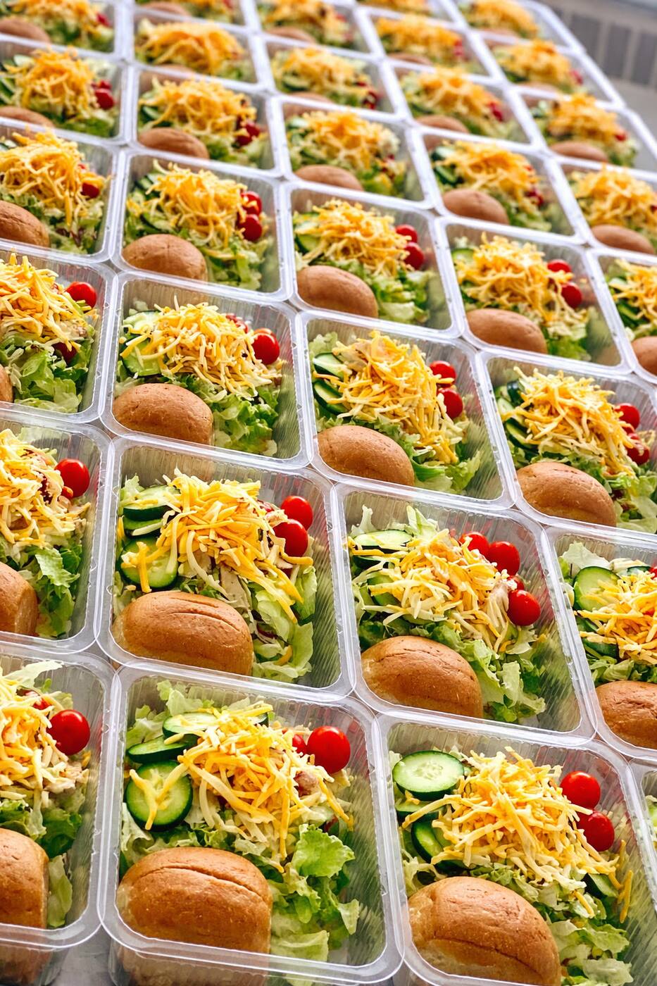 A wide grid of salad-and-slider trays stacked and ready for delivery, each with shredded cheese, cherry tomatoes, lettuce, and a soft bun