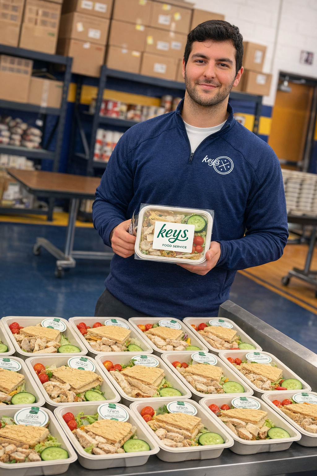 A KEYS Food Service team member in a branded pullover holding a fresh chicken salad meal in front of stacked rows of plated meals at the commissary