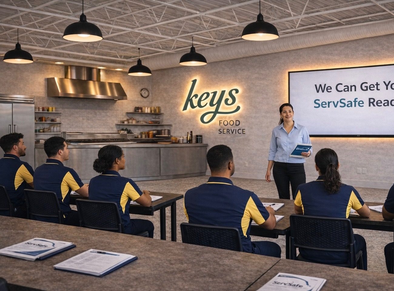 KEYS Food Service team in branded uniforms attending an in-house ServSafe training session led by an instructor