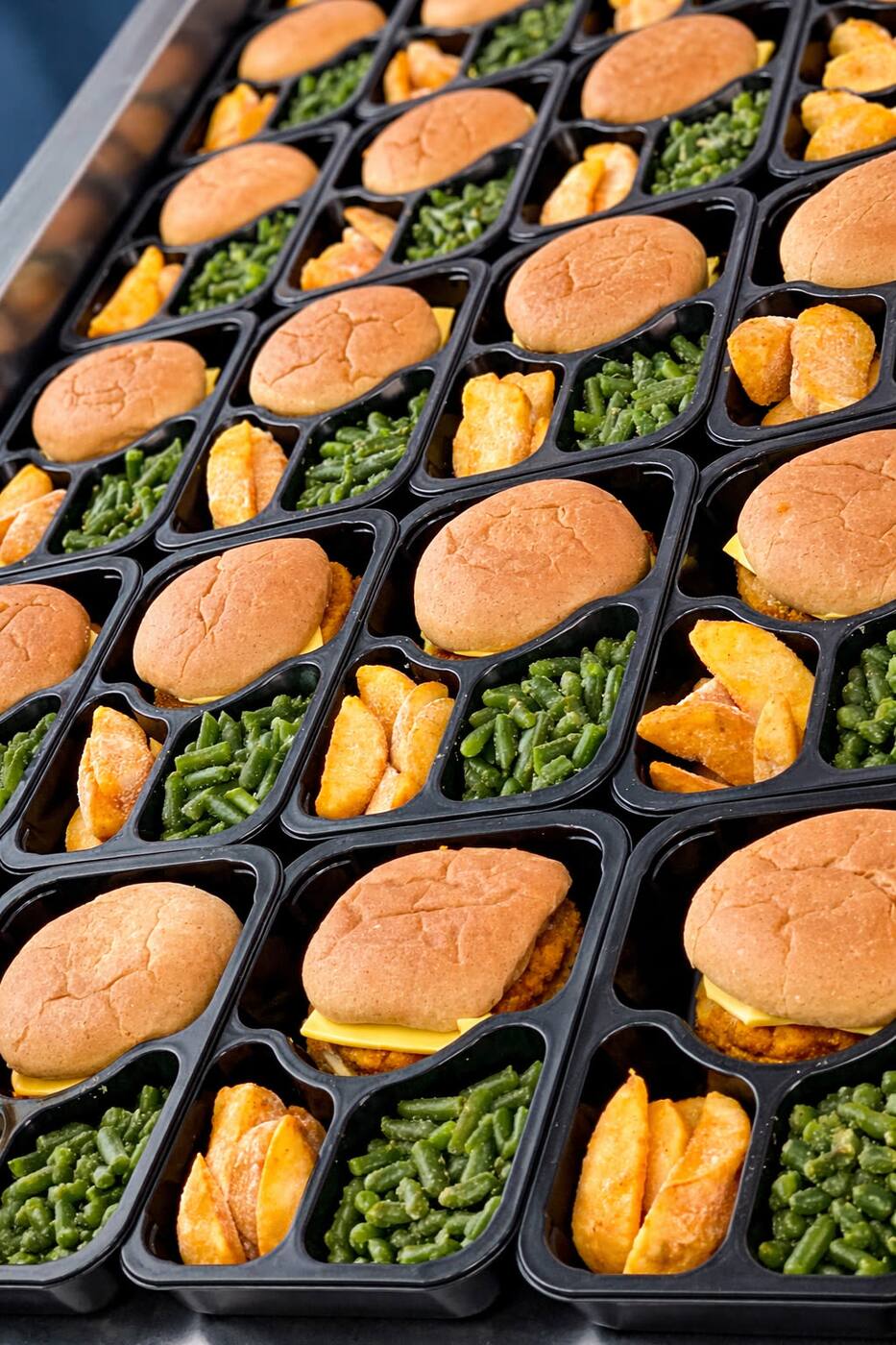 Hundreds of compartment trays with chicken slider, seasoned potato wedges, and green beans rice — staged for K-12 lunch delivery from a KEYS commissary