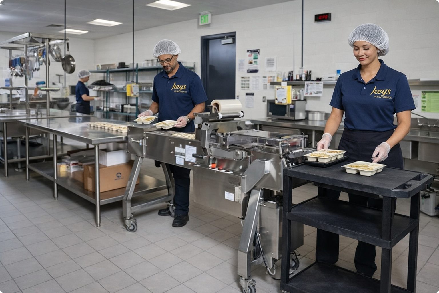Two KEYS staff members in branded polos and hairnets working a meal-tray sealing line inside a state-licensed Michigan commissary kitchen