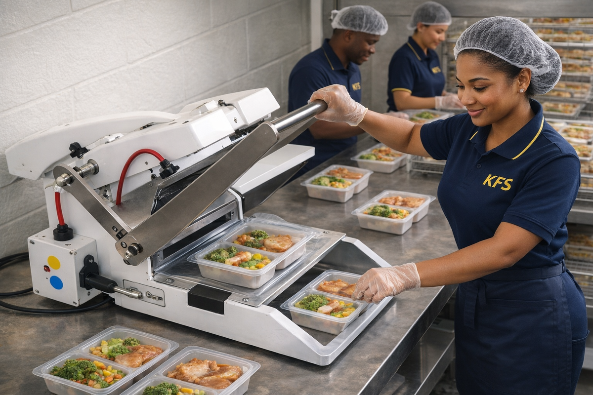 KFS-uniformed commissary team sealing meal trays on the production line — packed for summer Meet Up & Eat Up service