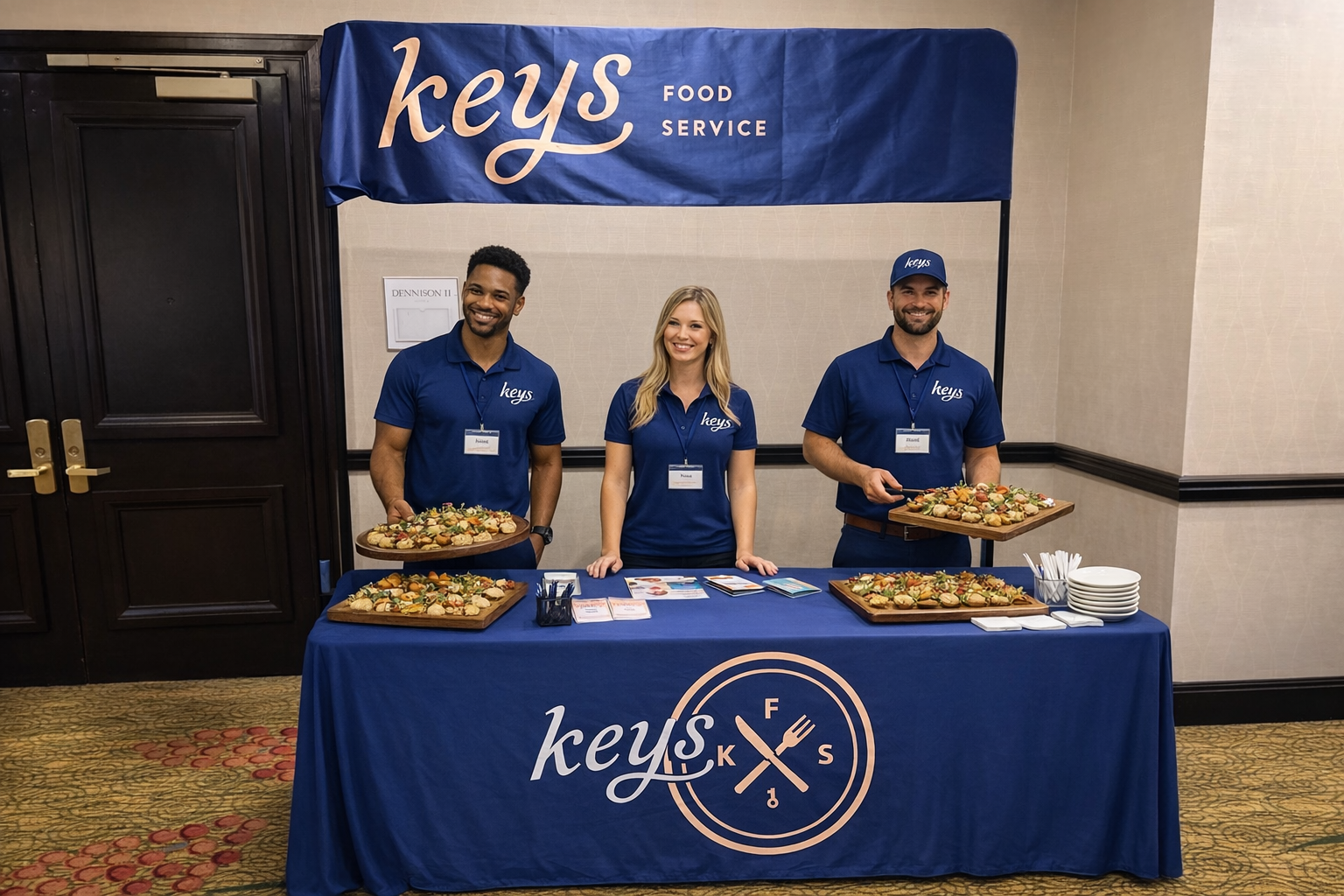 The KEYS Food Service team at a branded catering booth, ready to serve
