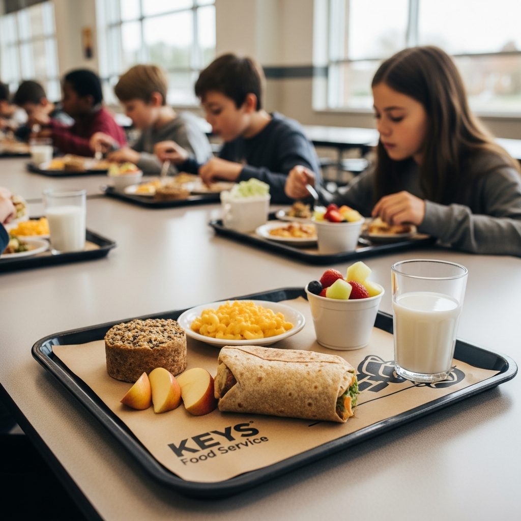 A KEYS Food Service school lunch tray with wrap, fruit, mac and cheese, and milk on KEYS branded kraft paper, in a bright cafeteria with students dining in the background