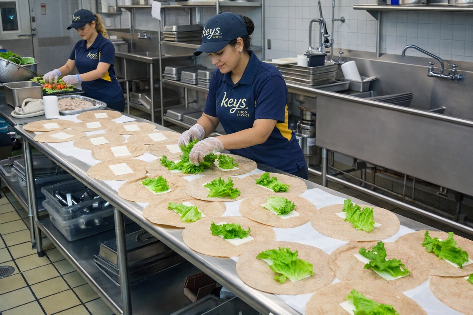 KEYS commissary team building fresh wraps by hand at the prep line